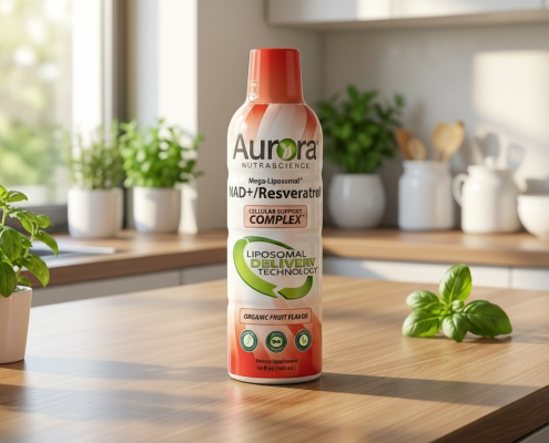 Liposomal NAD+ Resveratrol supplement bottle on a kitchen counter with sunlight