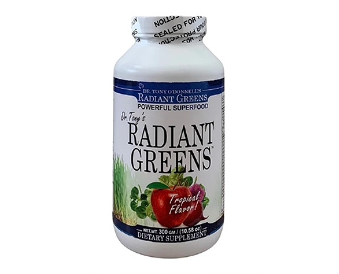 Radiant Greens dietary supplement bottle with tropical flavor label