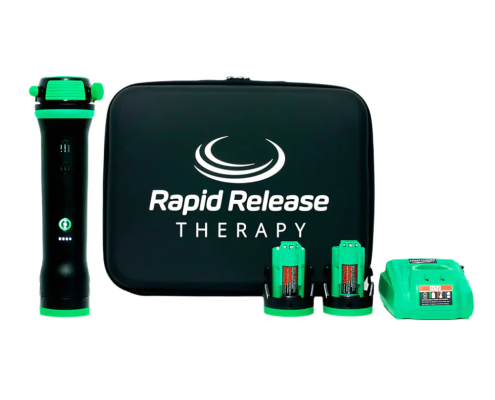 Rapid Release Therapy device with accessories including batteries and carrying case